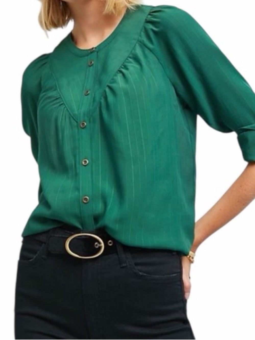 Maeve by Anthropologie Avignon Green Button Front Blouse